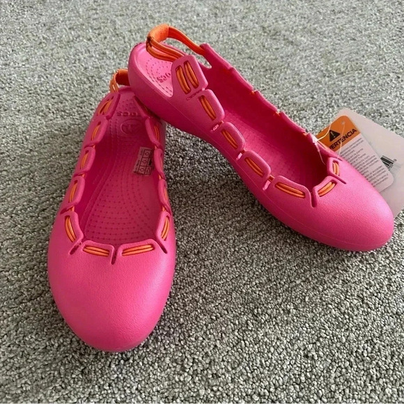 CROCS Shoes - Crocs Shoes Wm 7 Springi Pink Rubber Slingback Ballet Flats Orange Bungee Flex